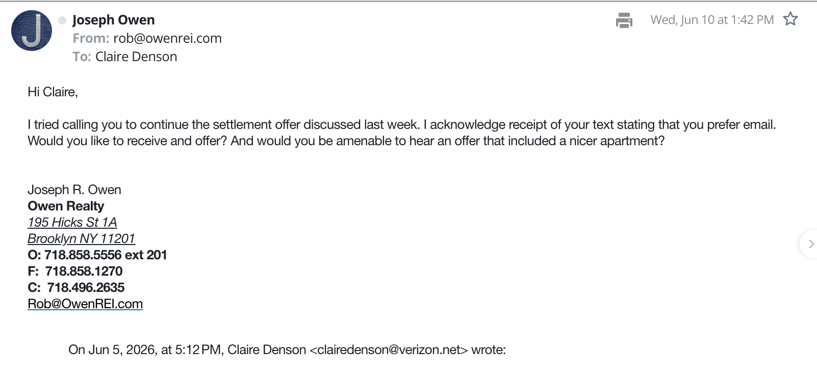 Owen email, 1:42 PM: asks whether you'd hear an offer