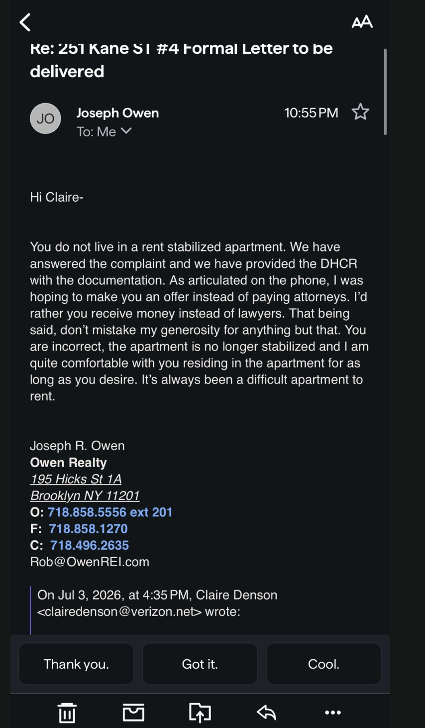 Owen replies: the apartment is “no longer stabilized”